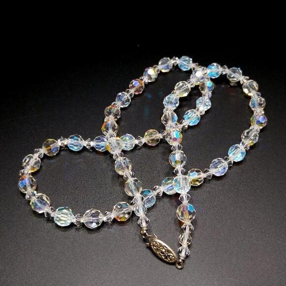 Vintage Crystal Aurora Borealis Beaded Necklace, Wedding Beads, 1960s, 24 Inch - Picture 1 of 7
